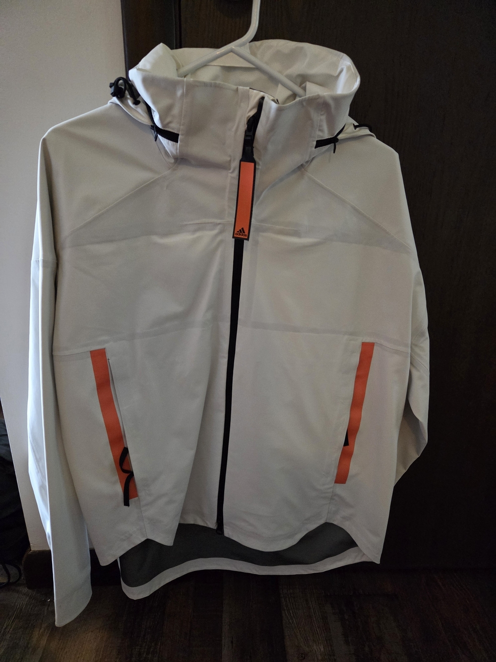 adidas Men’s White Hooded Raincoat with Orange Accents